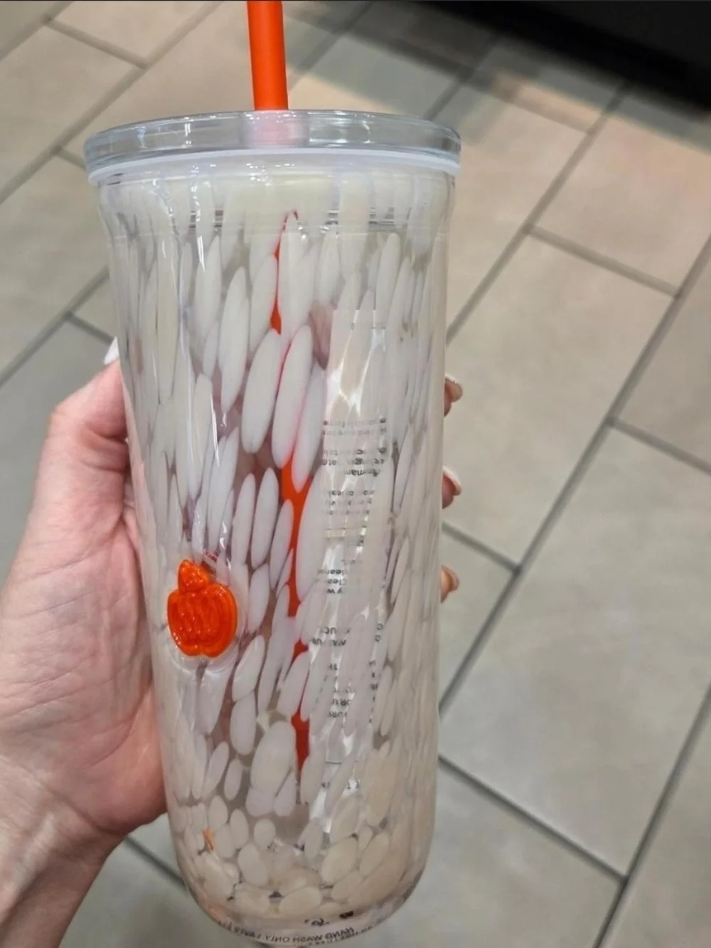Starbucks White and Orange Spotted Reusable Tumbler with Straw